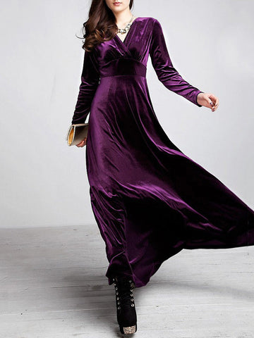 Woochic robe longue unicolore velours à volantée v-cou manches longues élégant de soirée Violet S